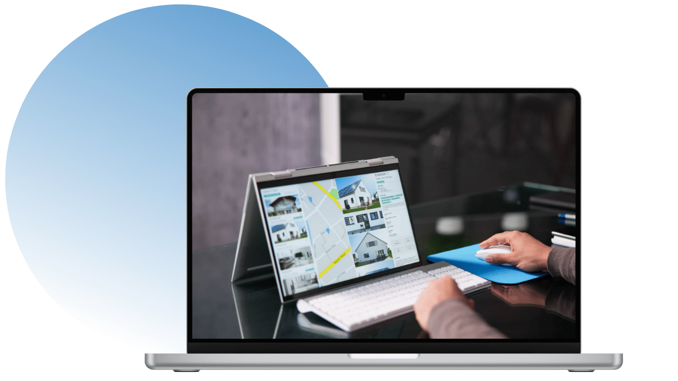 A man is planning to buy a house, so he’s browsing houses on his laptop