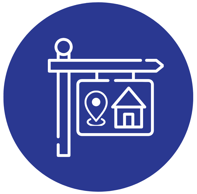 House for sale sign with map dot