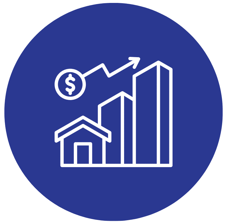 House price increasing icon with a dark purple circular background