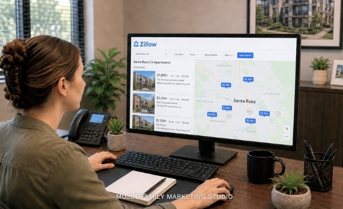 Multifamily apartment manager looking at Zillow search screen