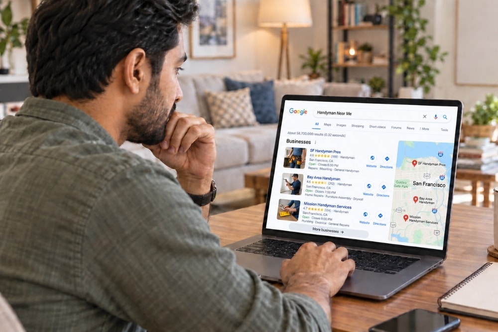 man searching Google for local handyman man searching Google for local handyman