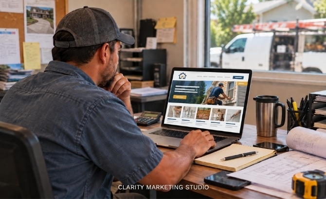 service business owner looking at website